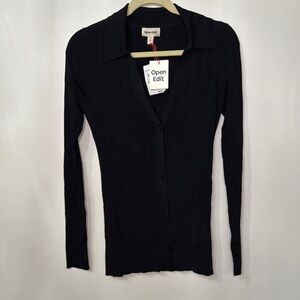 Open Edit Black Fitted Ribbed Long Sleeve Button Down Shirt